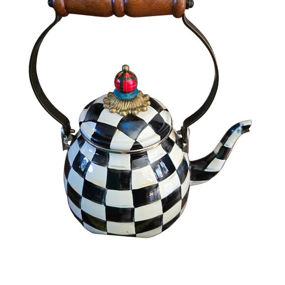 MacKenzie-Childs Courtly Check Black & White Enamel Tea Kettle Blue Green Red - Picture 16 of 16